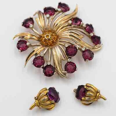 MB Boucher Phrygian Cap Flower Brooch and Earrings Set 1940's