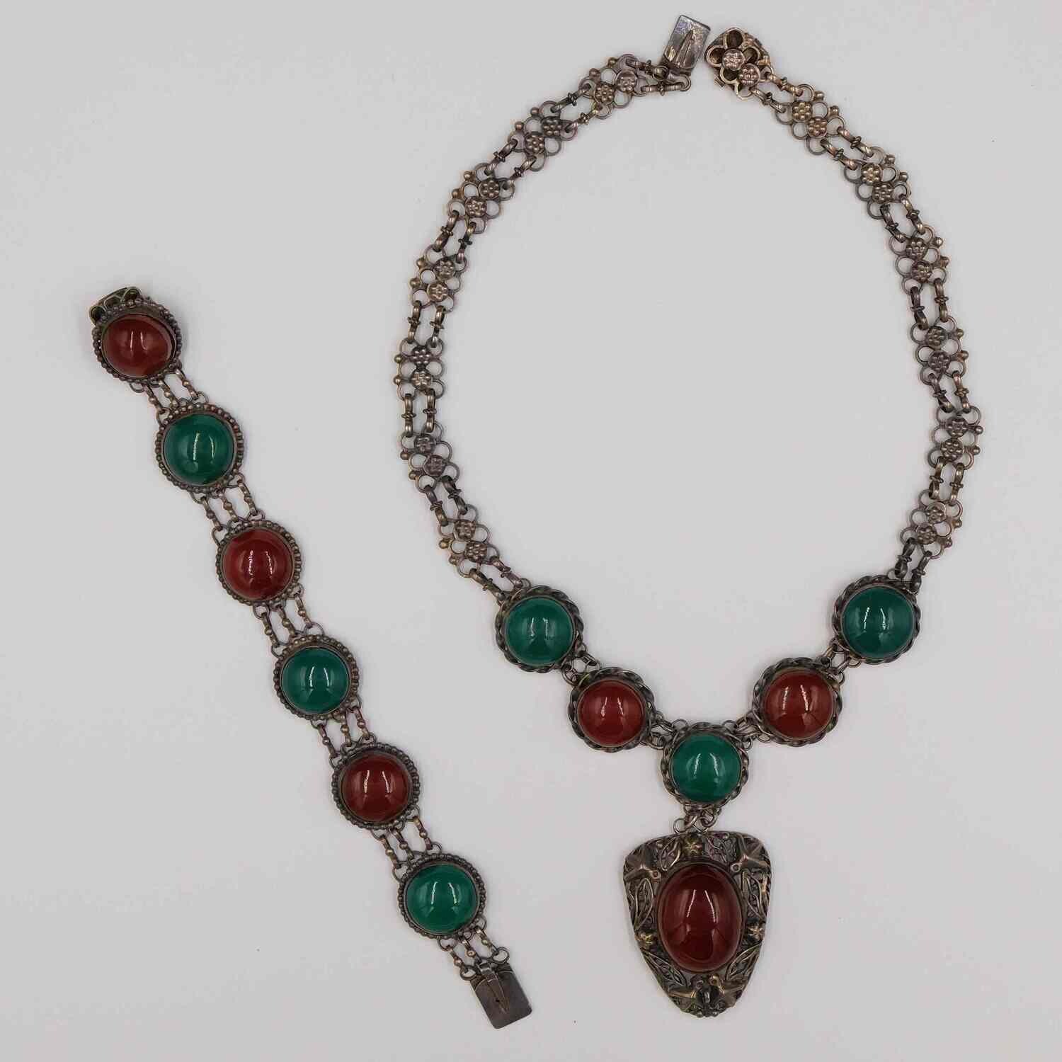 Antique Sterling Silver Carnelian and Jade Bracelet and Necklace c.1900