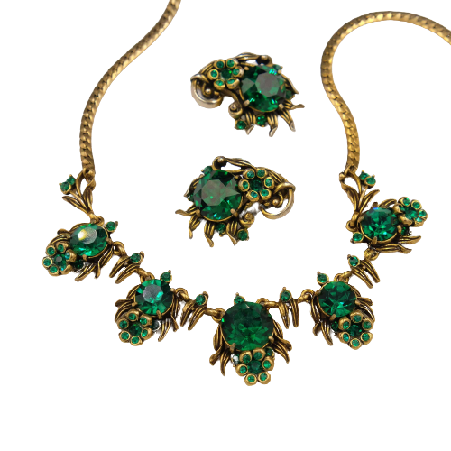 Hollycraft Green Necklace and Earrings Flames Set 1950s