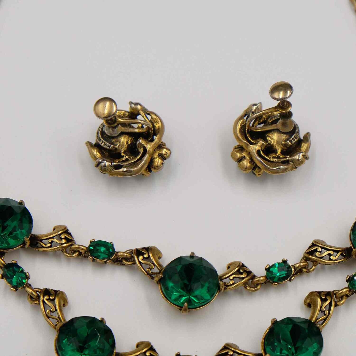 Hollycraft Green Necklace and Earrings Set 1950s