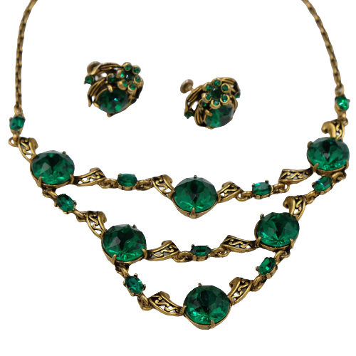 Hollycraft Green Necklace and Earrings Set 1950s
