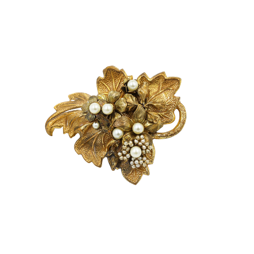 Miriam Haskell Gold Leaves Faux Pearls Pin