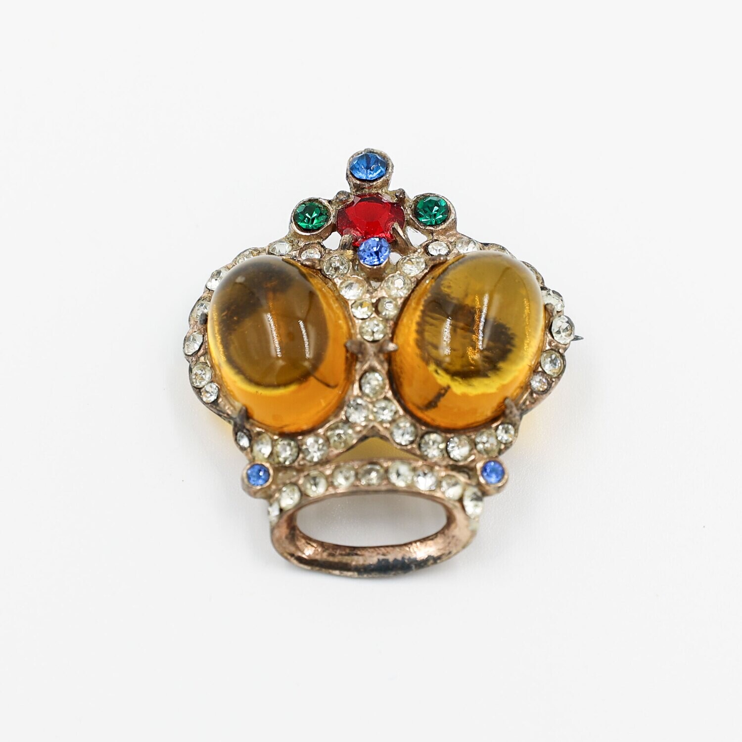 Amber Glass Cabochon Sterling Crown Pin 1940&#39;s