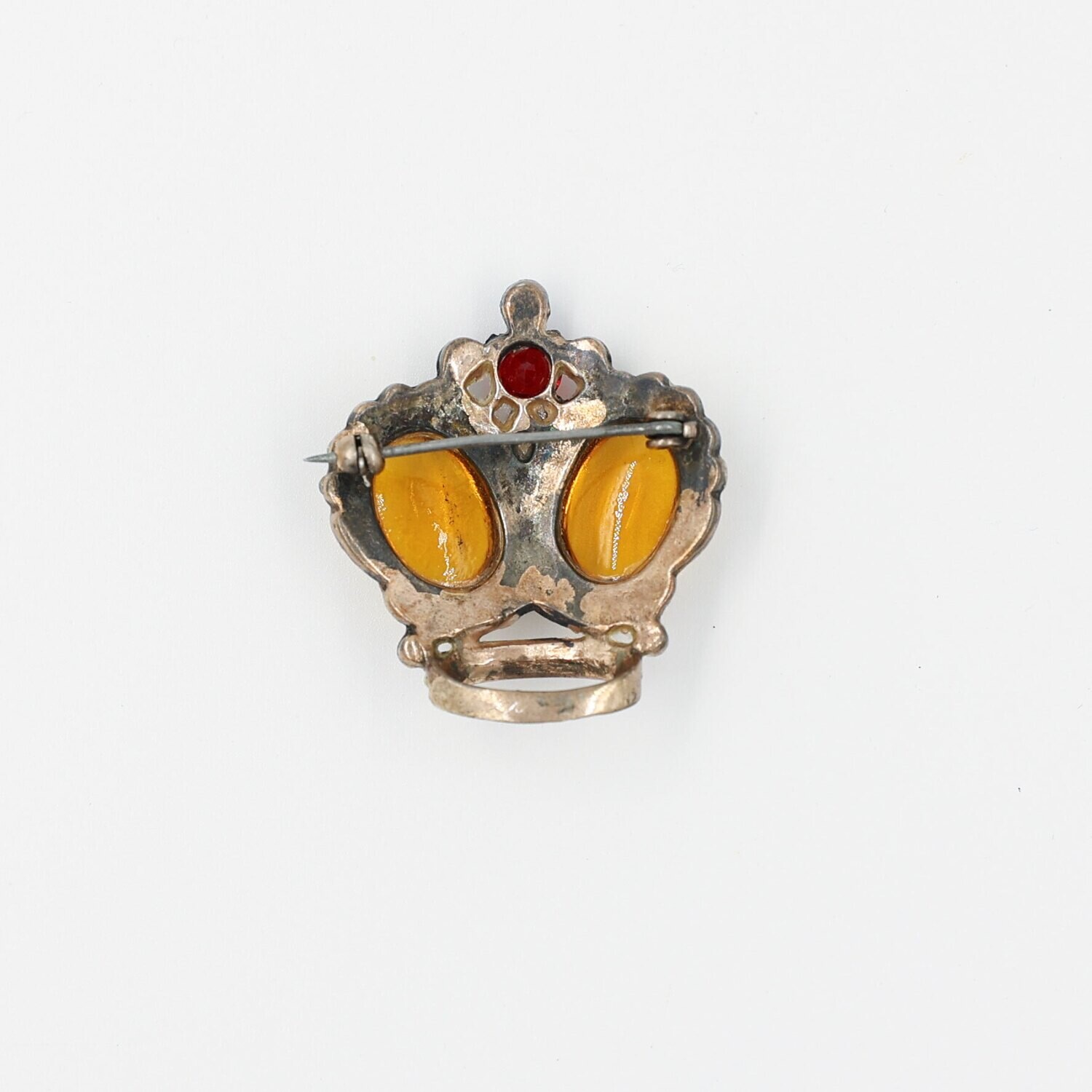 Amber Glass Cabochon Sterling Crown Pin 1940&#39;s