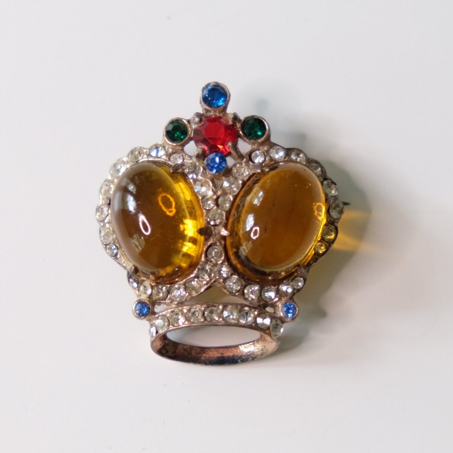 Amber Glass Cabochon Sterling Crown Pin 1940&#39;s