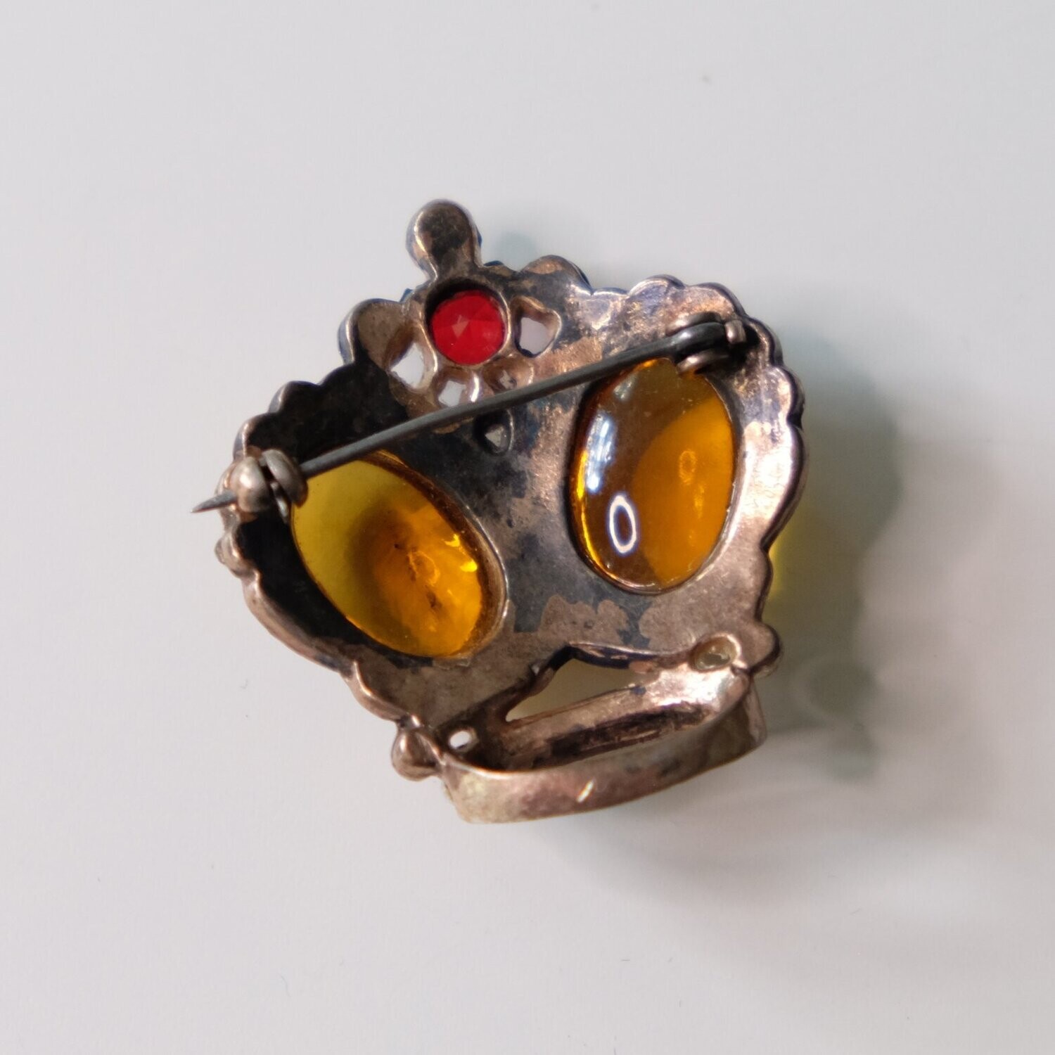 Amber Glass Cabochon Sterling Crown Pin 1940&#39;s