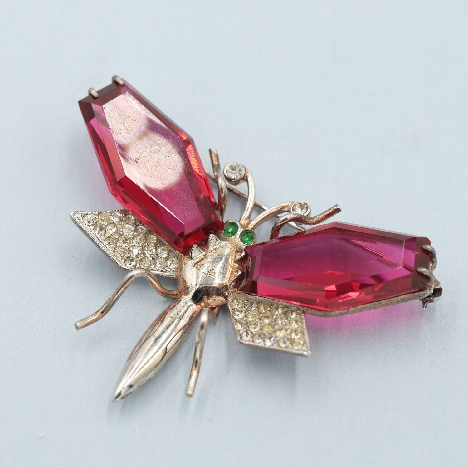 Sterling Silver Red Glass Dragonfly Brooch 1940&#39;s