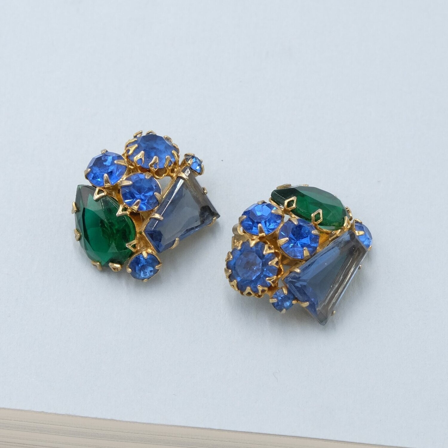 Vintage Rhinestone Blue Green Earrings 1950's