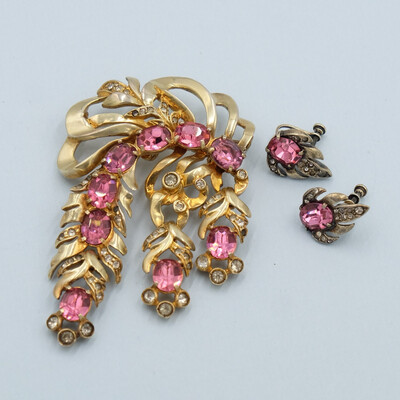 Eisenberg Sterling Pink Dangling Flower Brooch and Earrings 