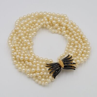 Multi strand Faux pearl Choker with Enamel Clasp 1980's