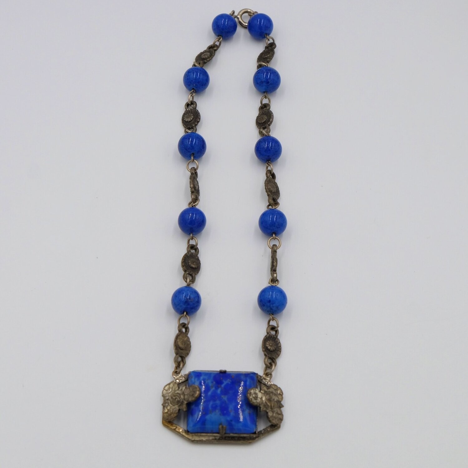 Antique Czech Blue Glass Necklace 1920's