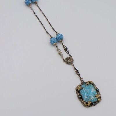 Antique Blue Czech Glass Long Necklace 1920's