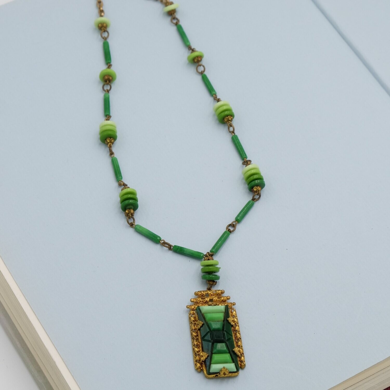 Antique Czech Green Glass Necklace 1910's