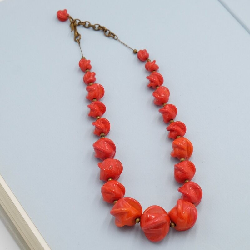 Antique Poured Red Glass Necklace 1920&#39;s