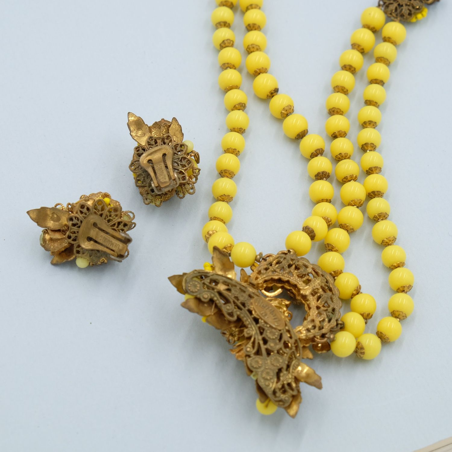 DeMario Yellow Glass Set Necklace and Earrings 1950&#39;s