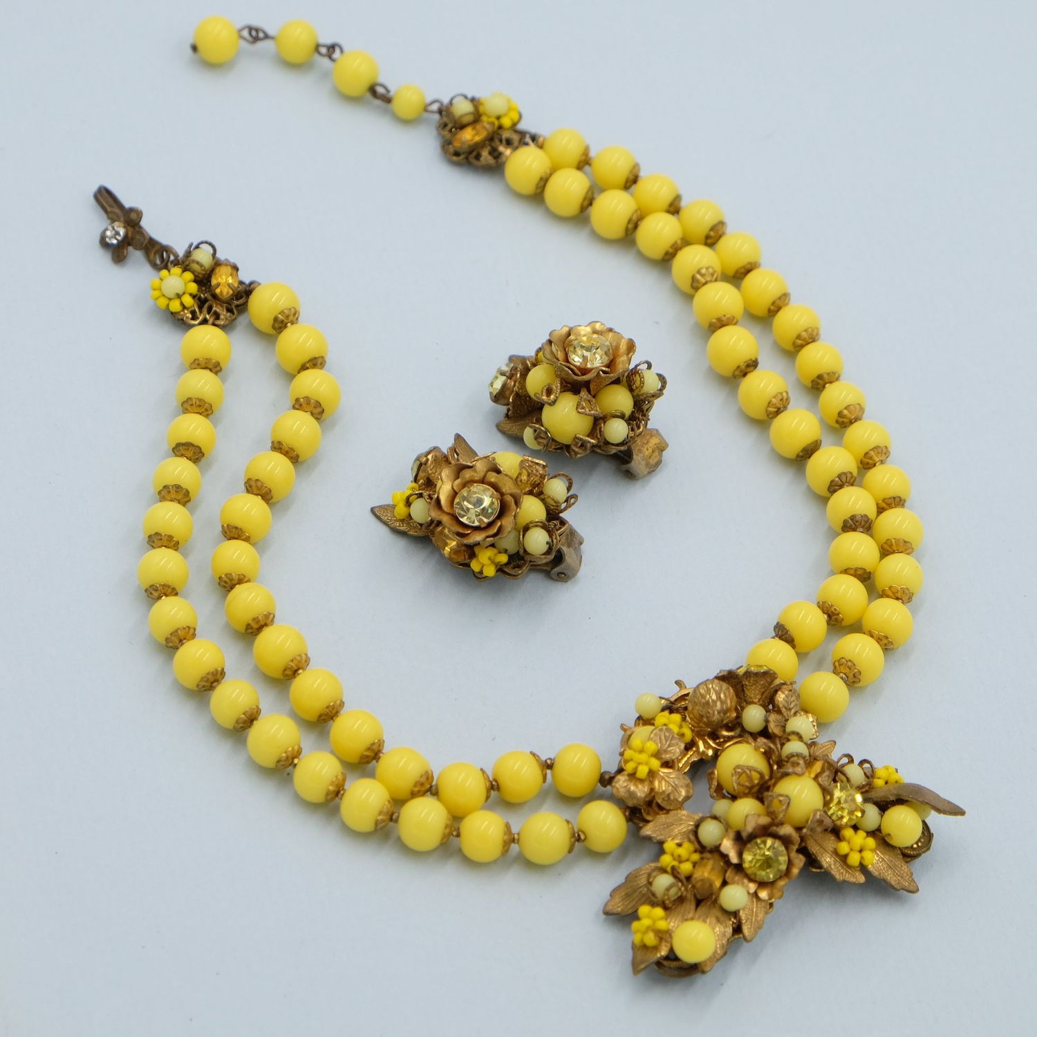 DeMario Yellow Glass Set Necklace and Earrings 1950&#39;s