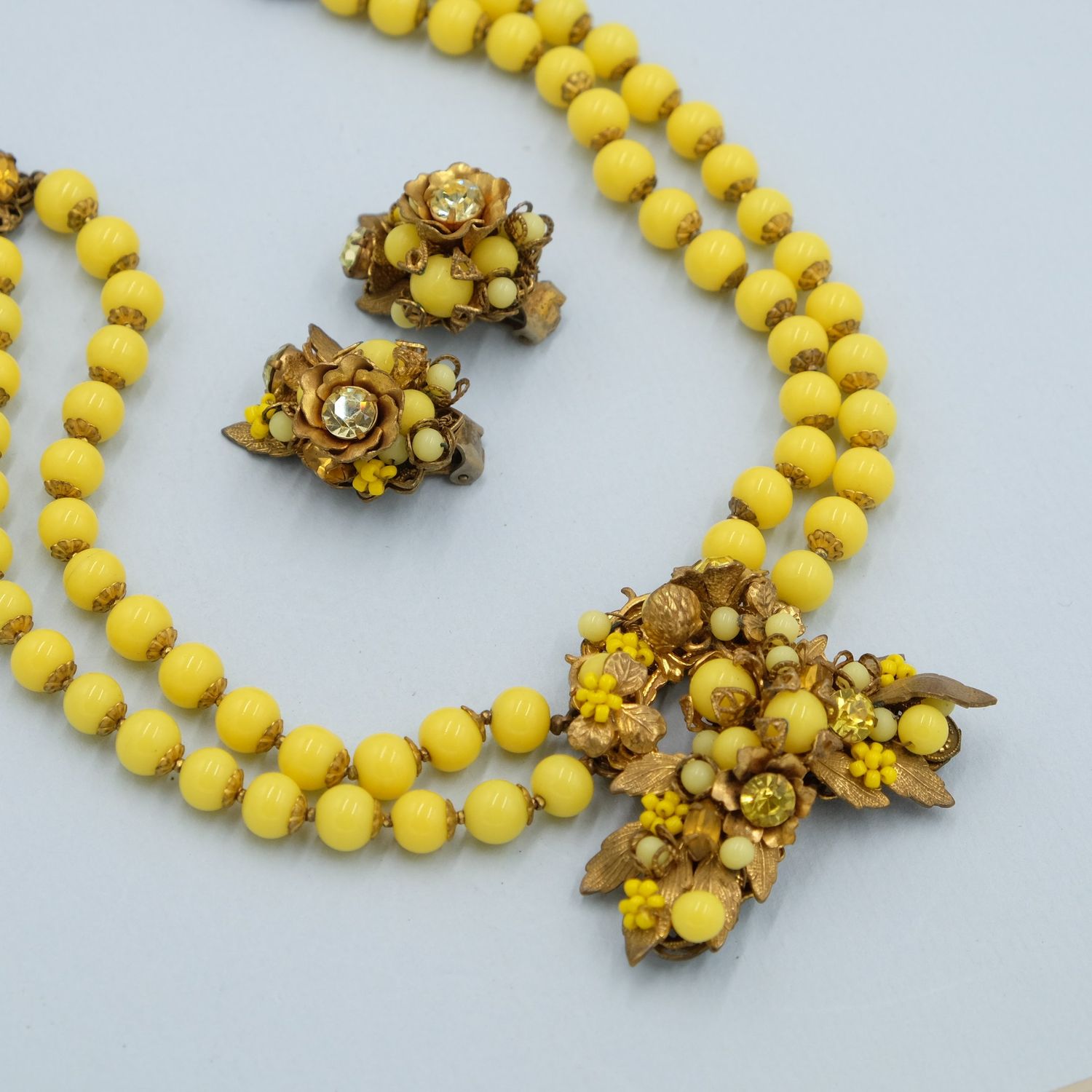 DeMario Yellow Glass Set Necklace and Earrings 1950&#39;s