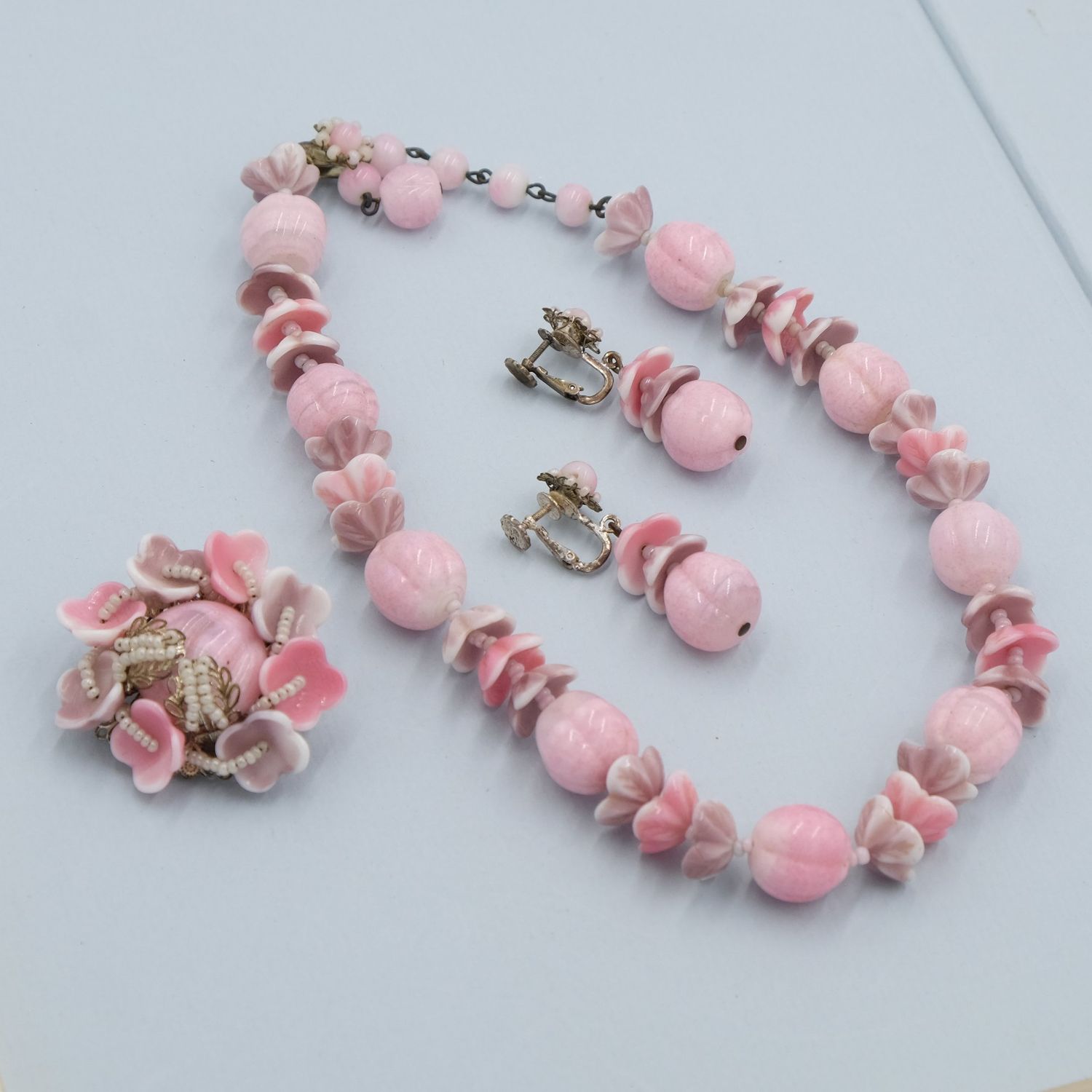 Miriam Haskell Pink Glass 3pc Set 1950&#39;s