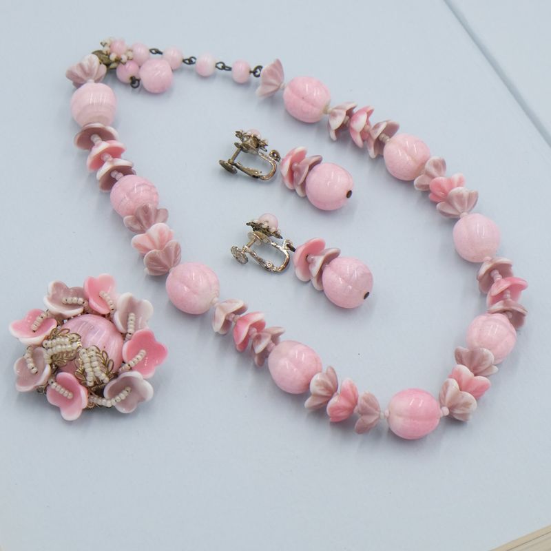 Miriam Haskell Pink Glass 3pc Set 1950&#39;s