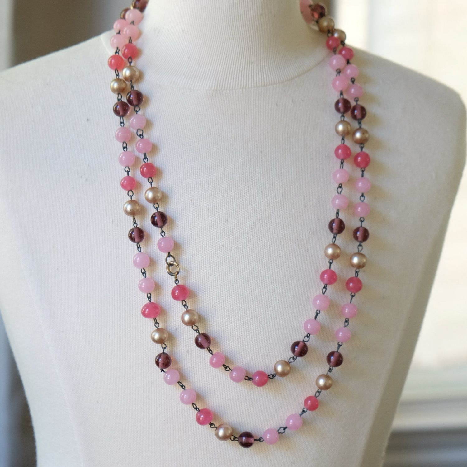 Early Pink and Cranberry Glass Necklace 1930’s