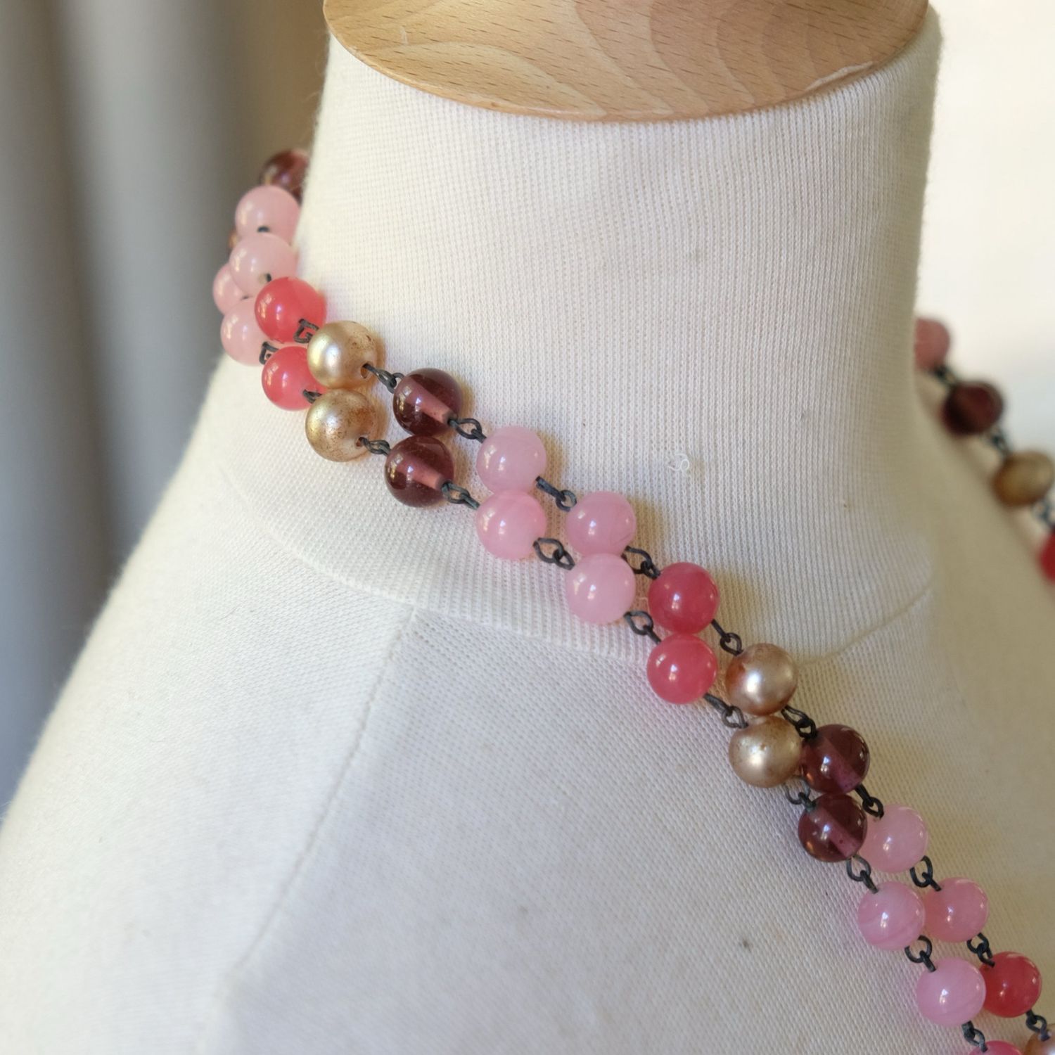 Early Pink and Cranberry Glass Necklace 1930’s