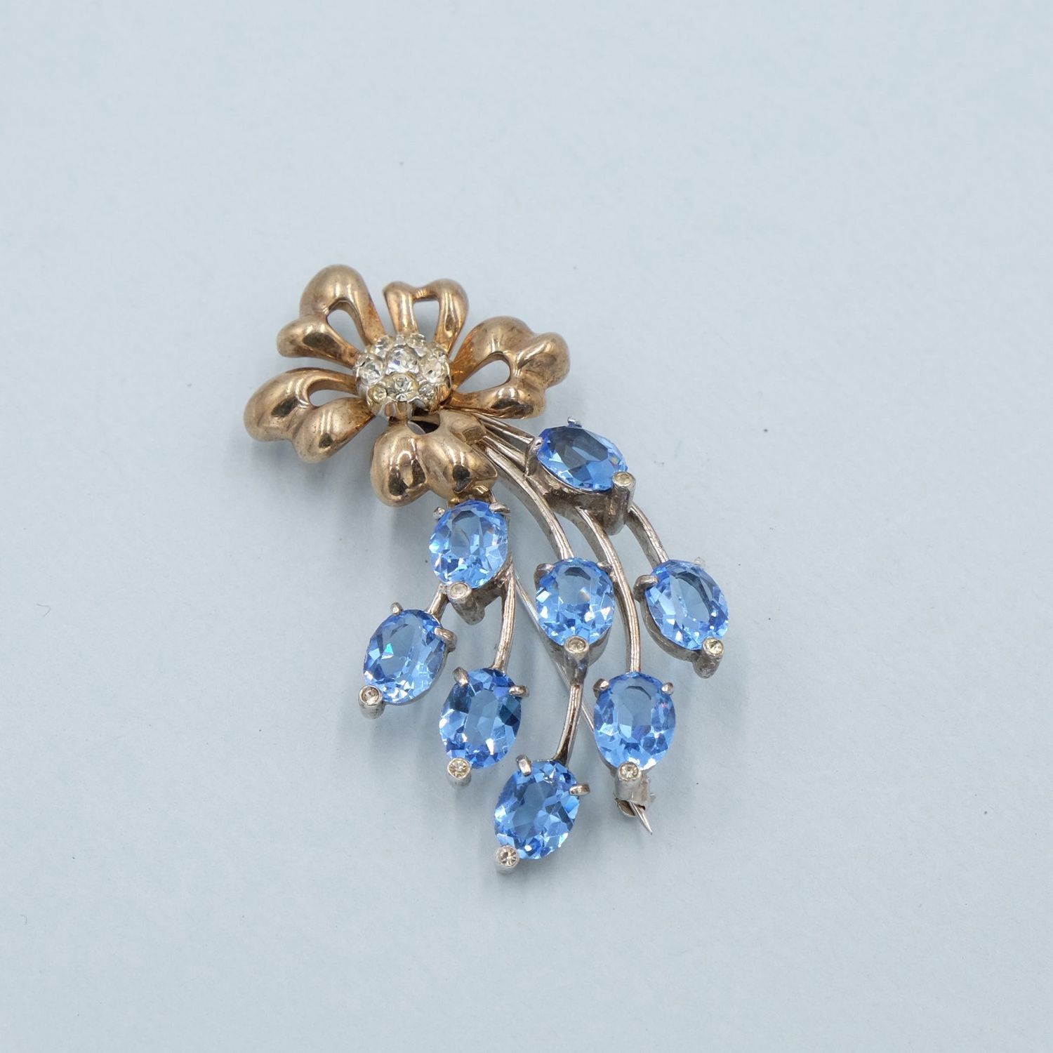 Vintage Sterling Blue Glass Flower Brooch 1940’s