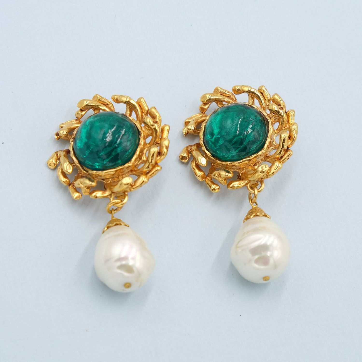 Vintage Philippe Ferrandis Earrings with Green Glass and Pearl Drop 1990&#39;s