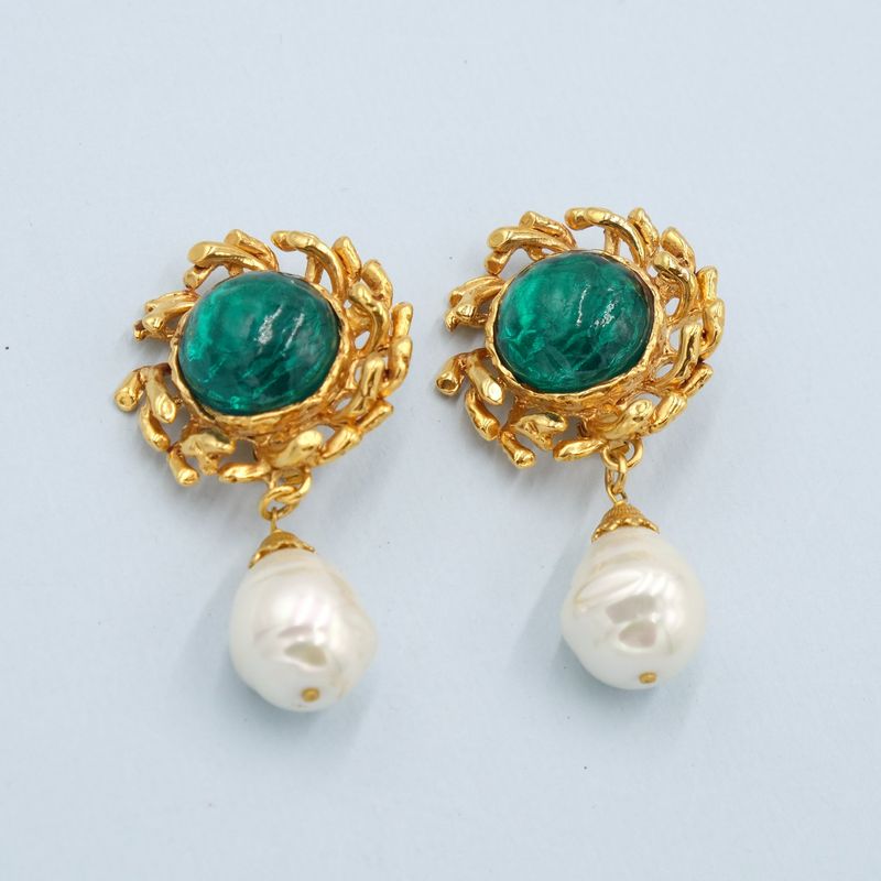 Vintage Philippe Ferrandis Earrings with Green Glass and Pearl Drop 1990&#39;s