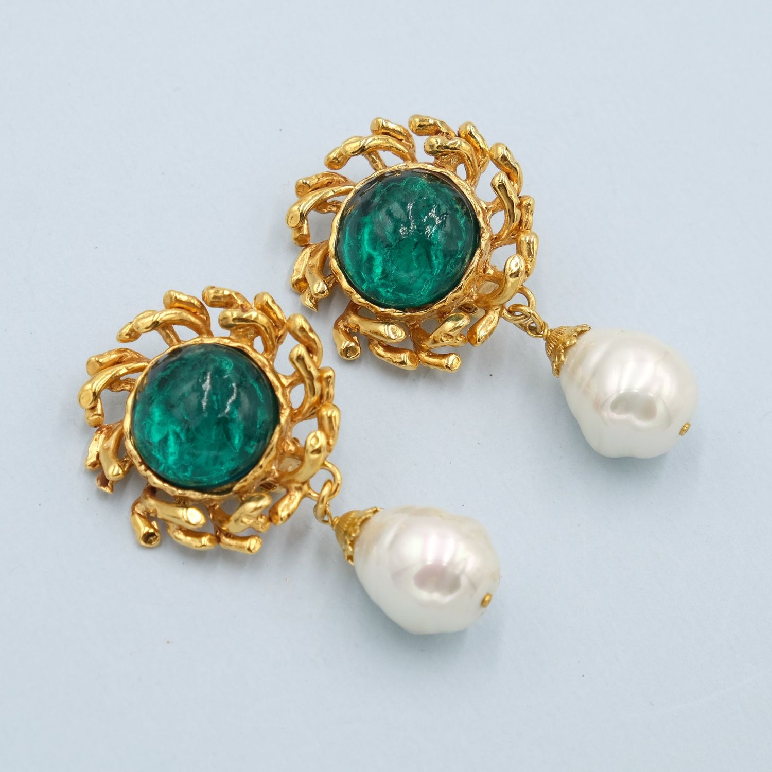 Vintage Philippe Ferrandis Earrings with Green Glass and Pearl Drop 1990&#39;s