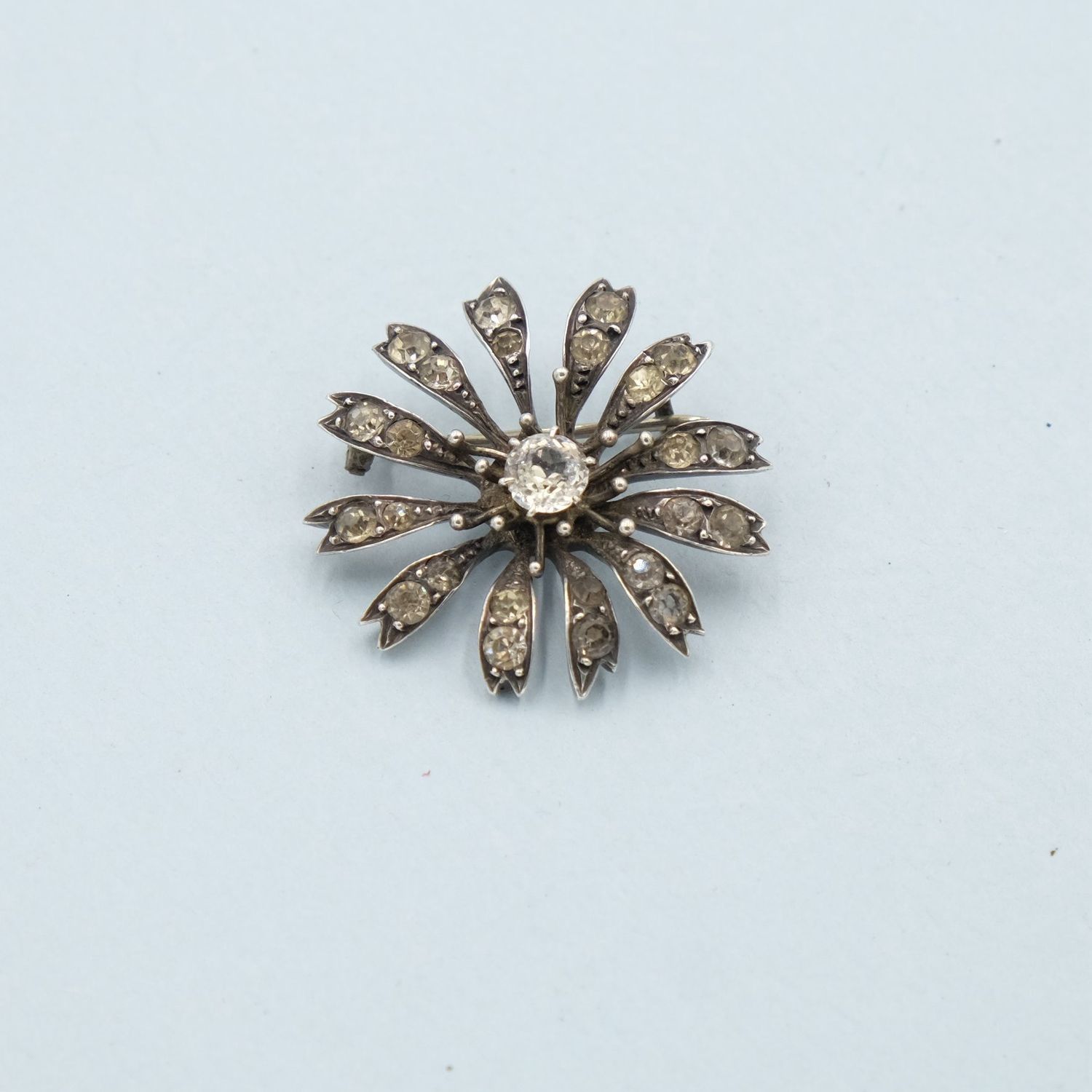 Antique English Paste and Silver Flower Brooch 1890s