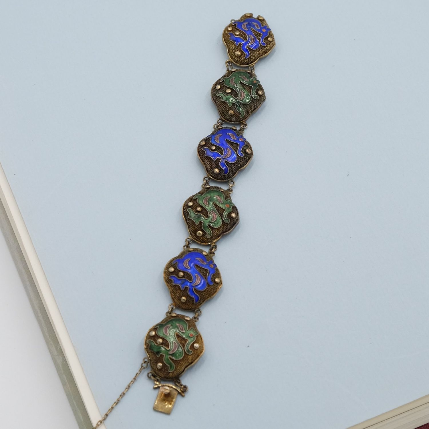 Chinese Export Silver Enamel Dragon Creatures Bracelet 1900s