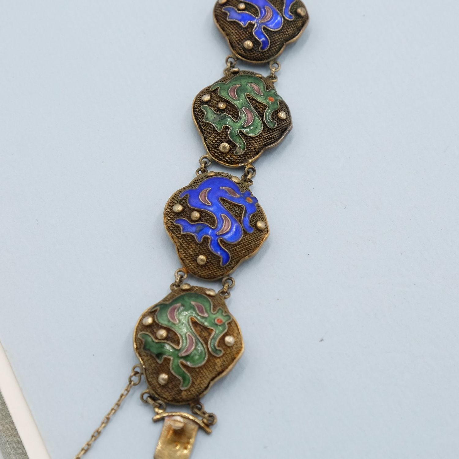 Chinese Export Silver Enamel Dragon Creatures Bracelet 1900s