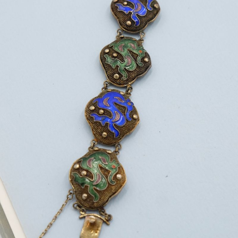 Chinese Export Silver Enamel Dragon Creatures Bracelet 1900s