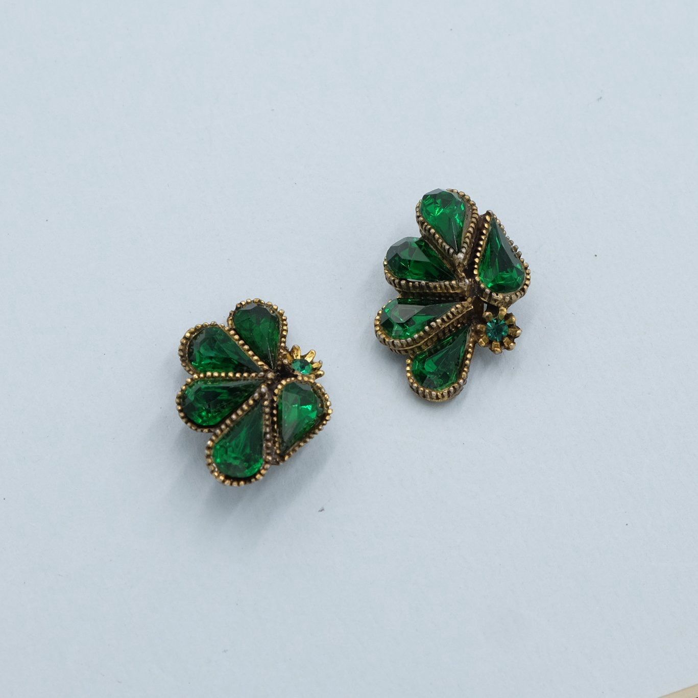 Vintage Green Rhinestones Unsigned Earrings 1950s