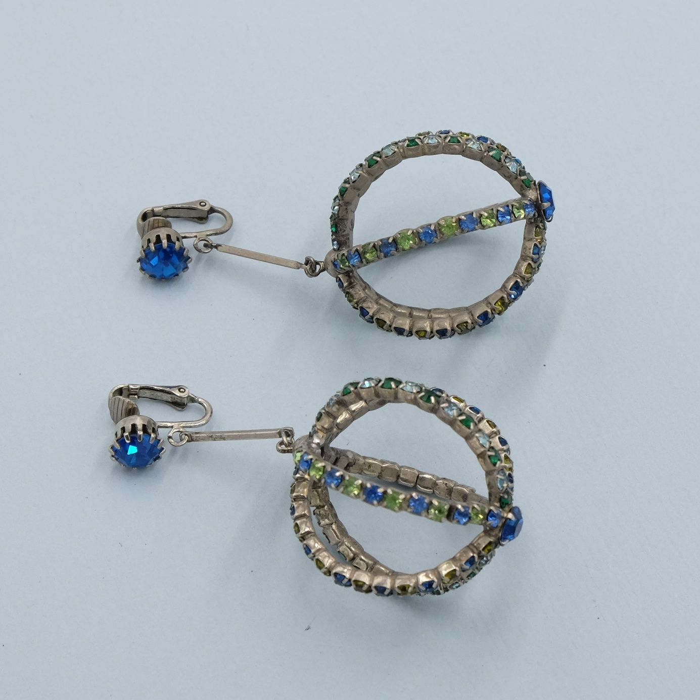 Large Dome Dangle Earrings with Green and Blue Rhinestones 1960s