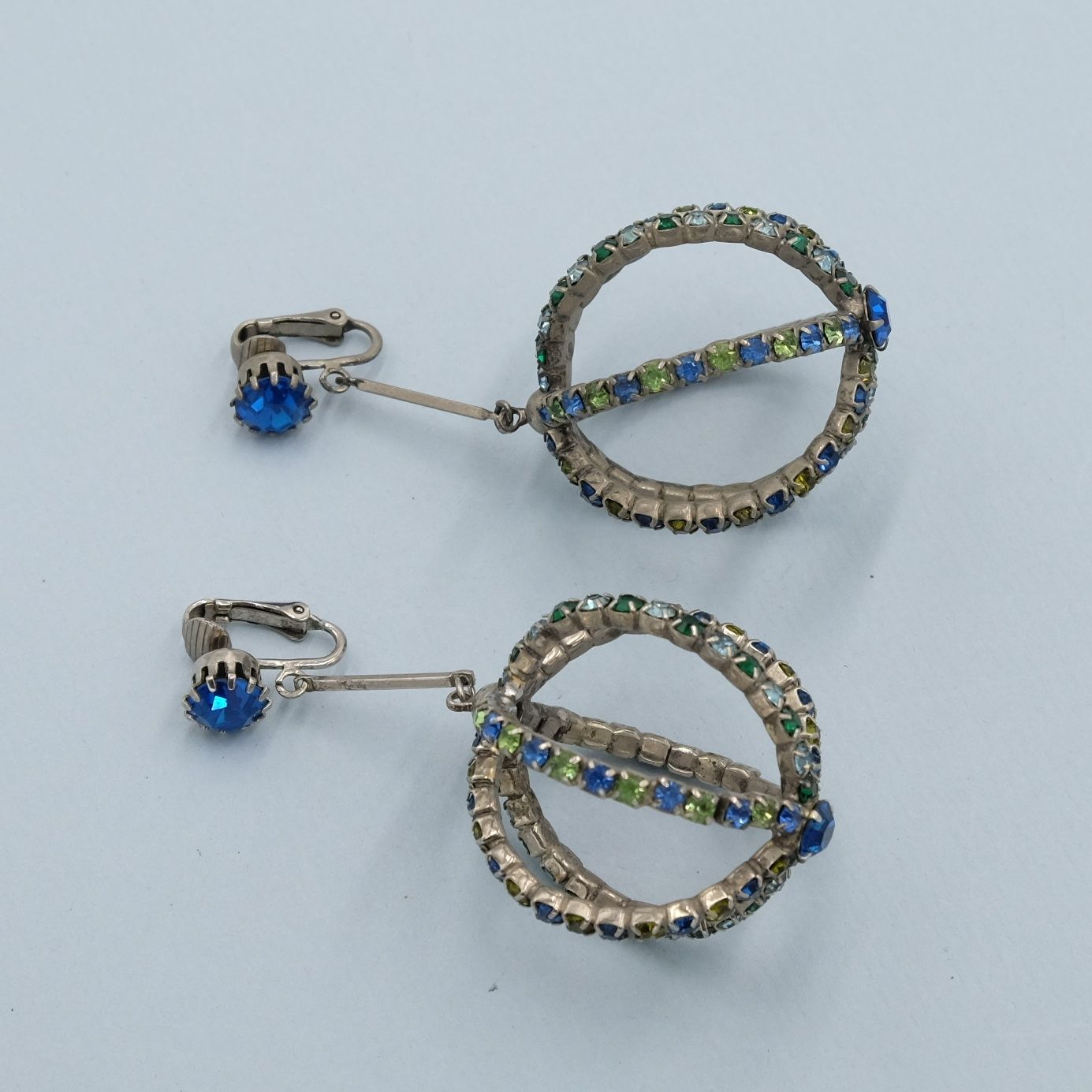 Large Dome Dangle Earrings with Green and Blue Rhinestones 1960s