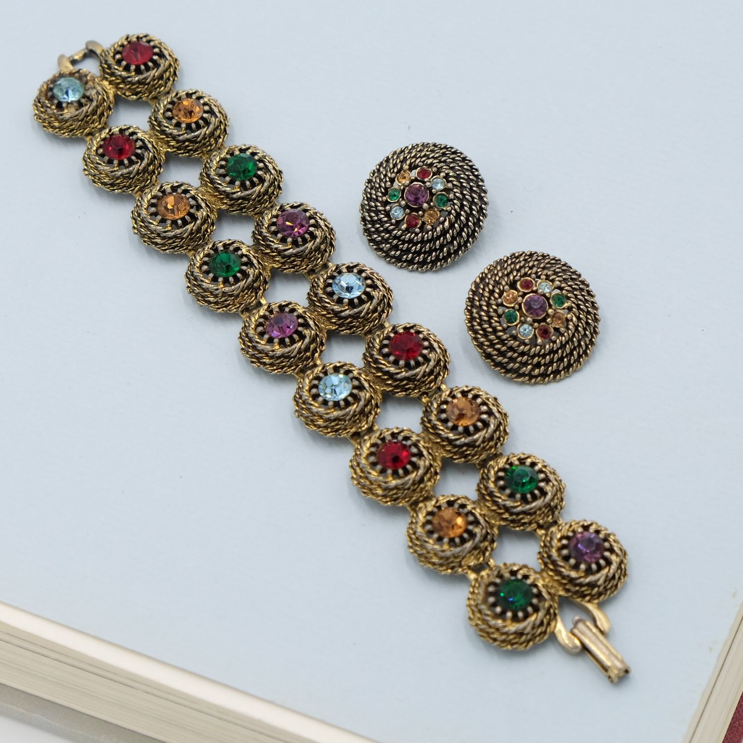 Judy Lee Multicolor Bracelet and Earrings Set 1950s