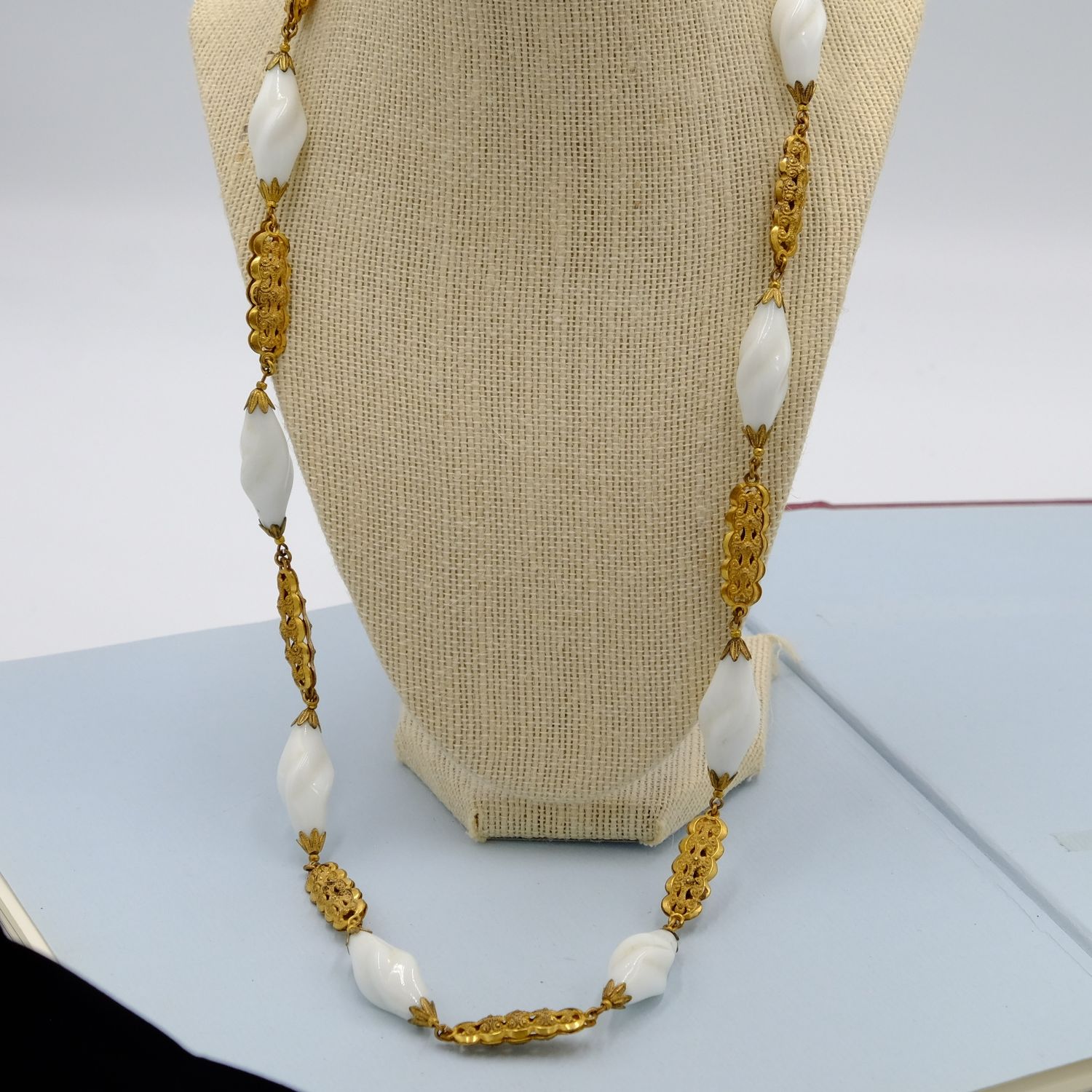 Miriam Haskell White glass long necklace gold filigree 1960s