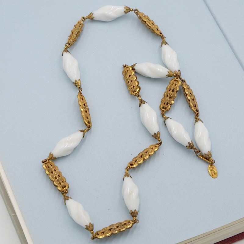 Miriam Haskell White glass long necklace gold filigree 1960s