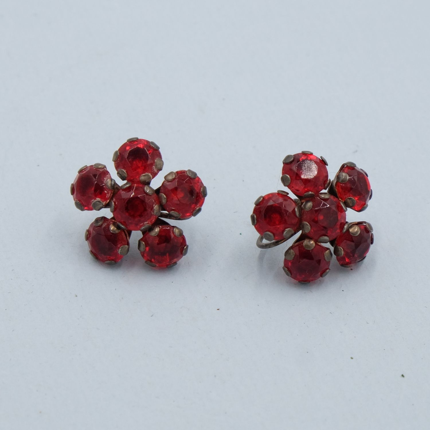 Antique Sterling Red Cluster Rhinestone Earrings 1930s