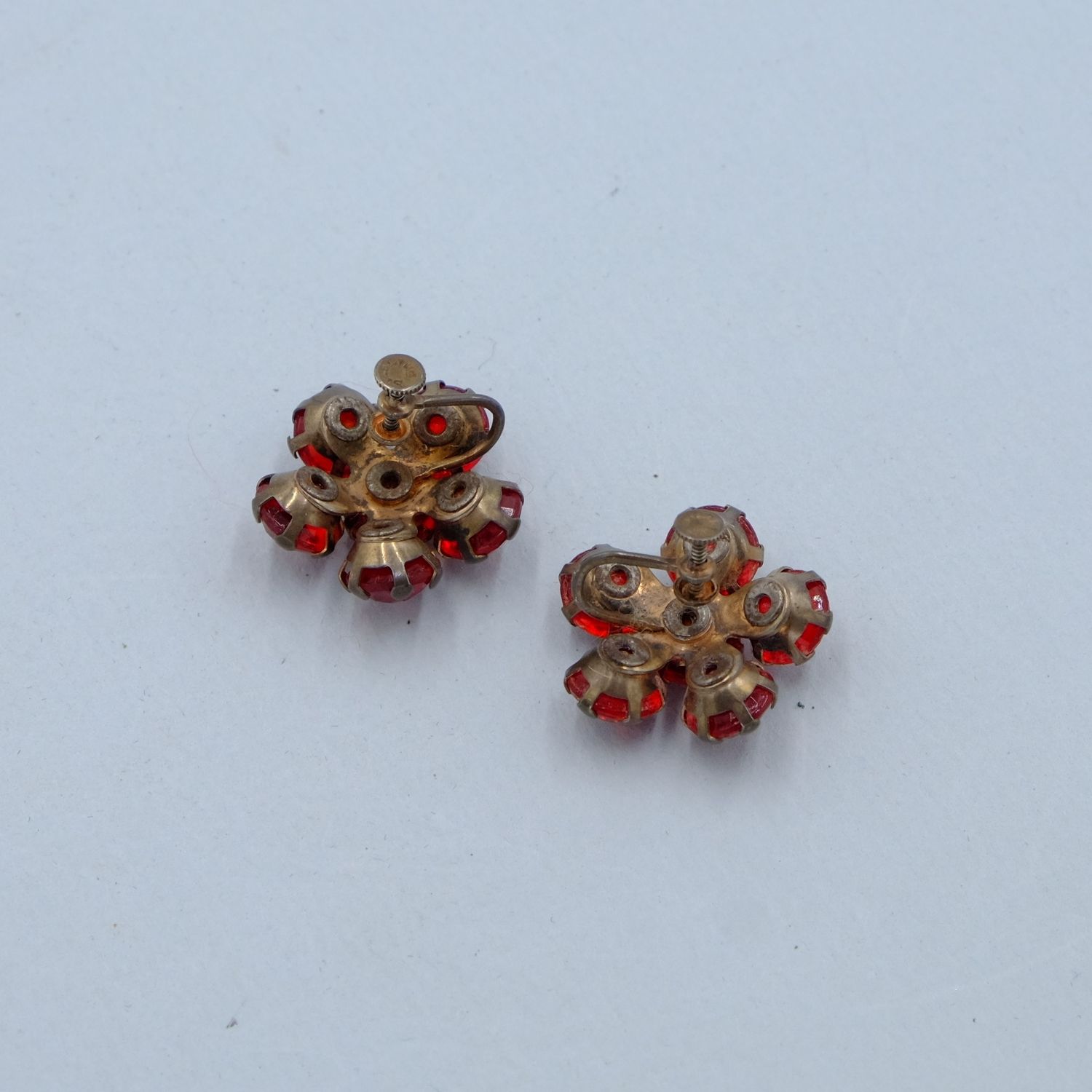 Antique Sterling Red Cluster Rhinestone Earrings 1930s
