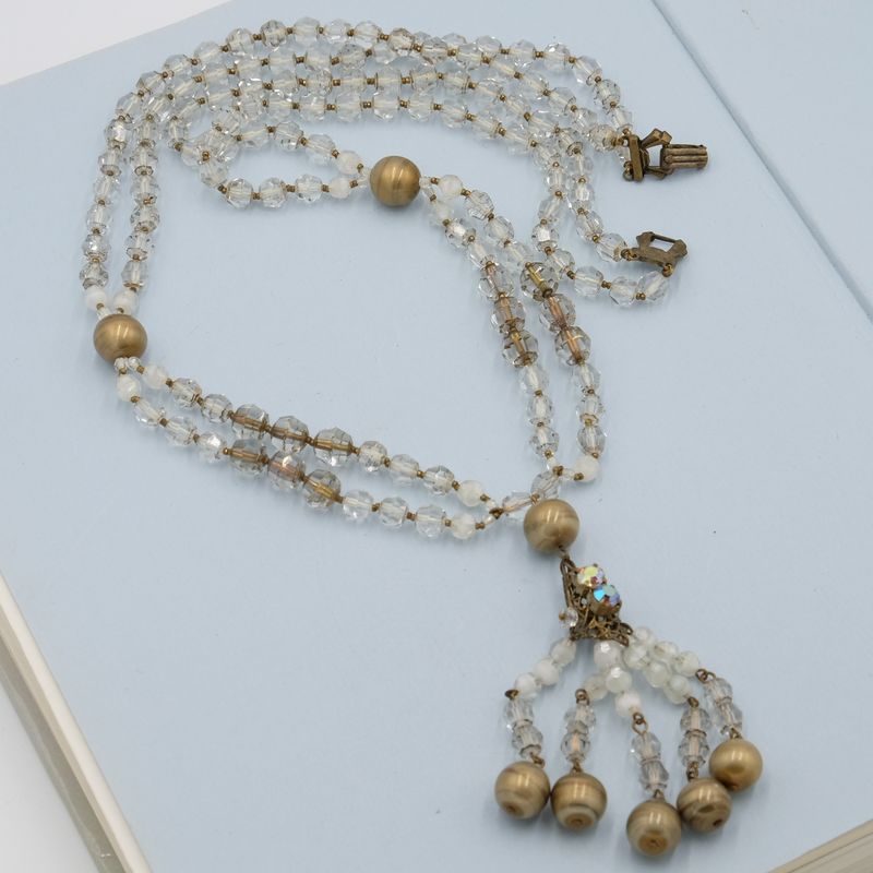 Vintage Crystal Beads Tassel Necklace 1950s