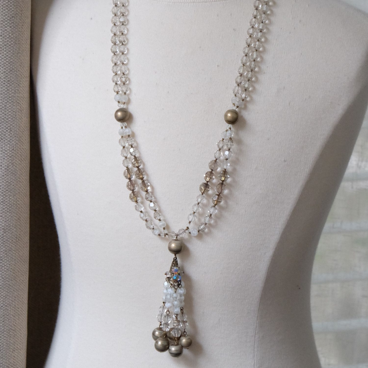 Vintage Crystal Beads Tassel Necklace 1950s