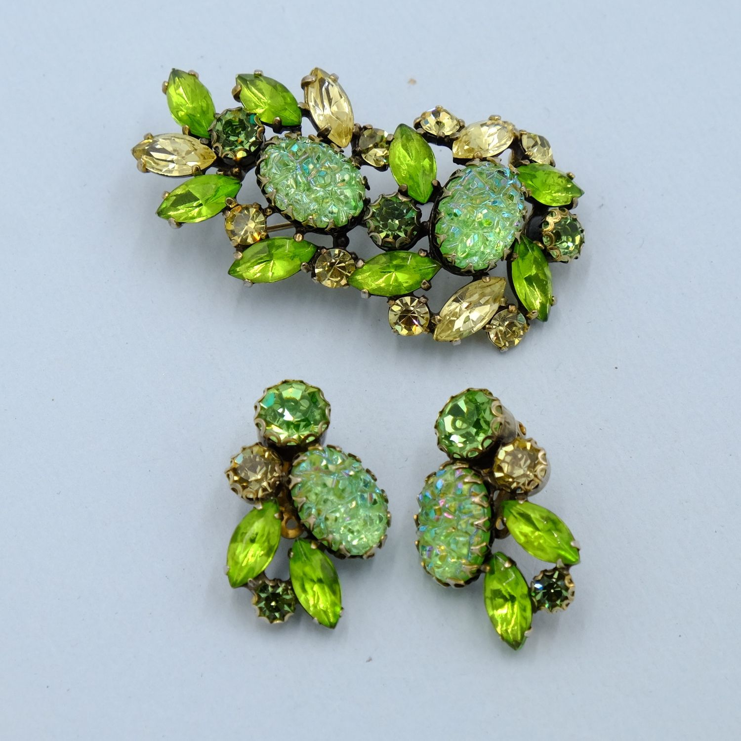 Vintage Elsa Schiaparelli Green Lime Set Pin  and Earrings 1950s