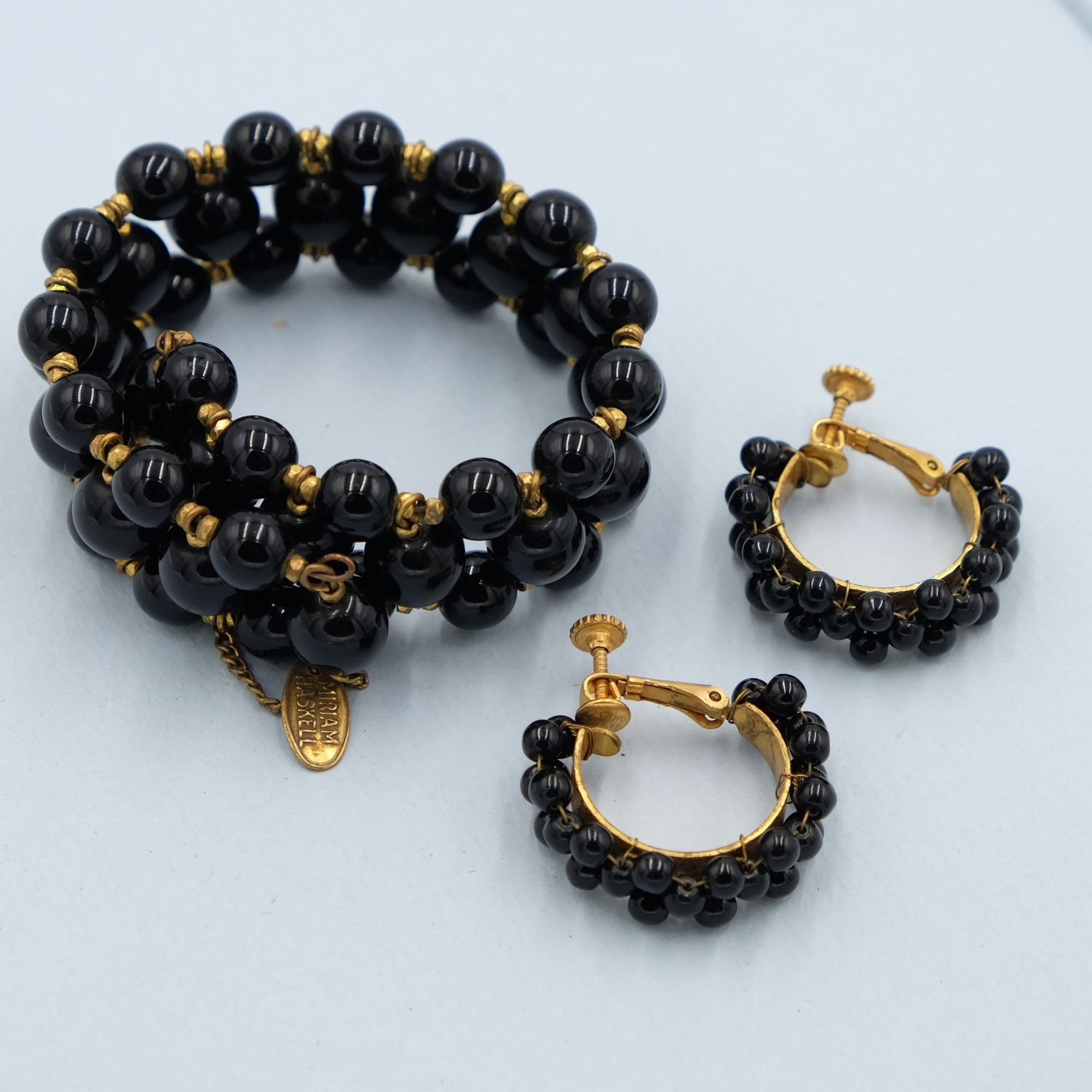 Miriam Haskell Black Glass Bracelet and Hoop Earrings 1960s