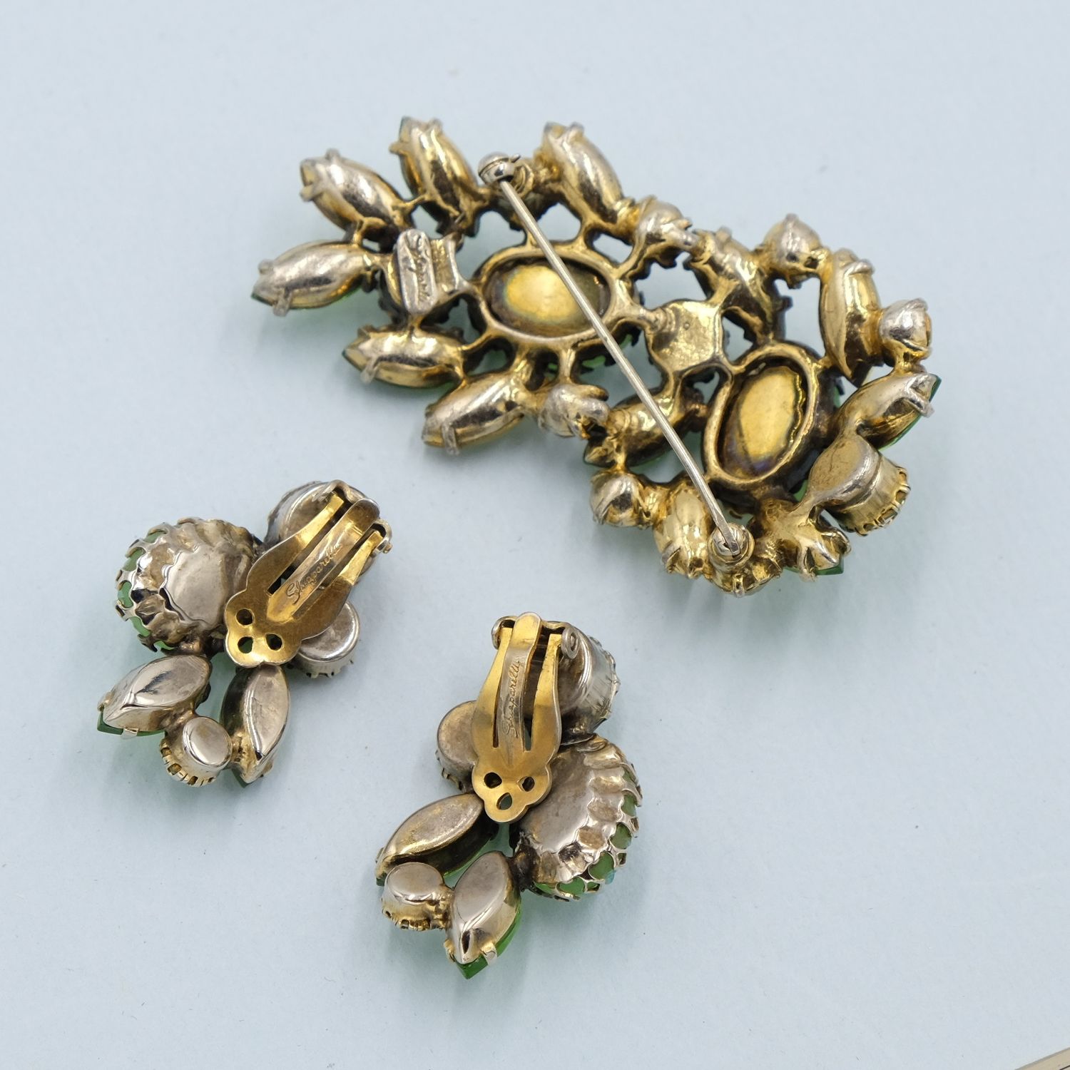 Vintage Elsa Schiaparelli Green Lime Set Pin  and Earrings 1950s