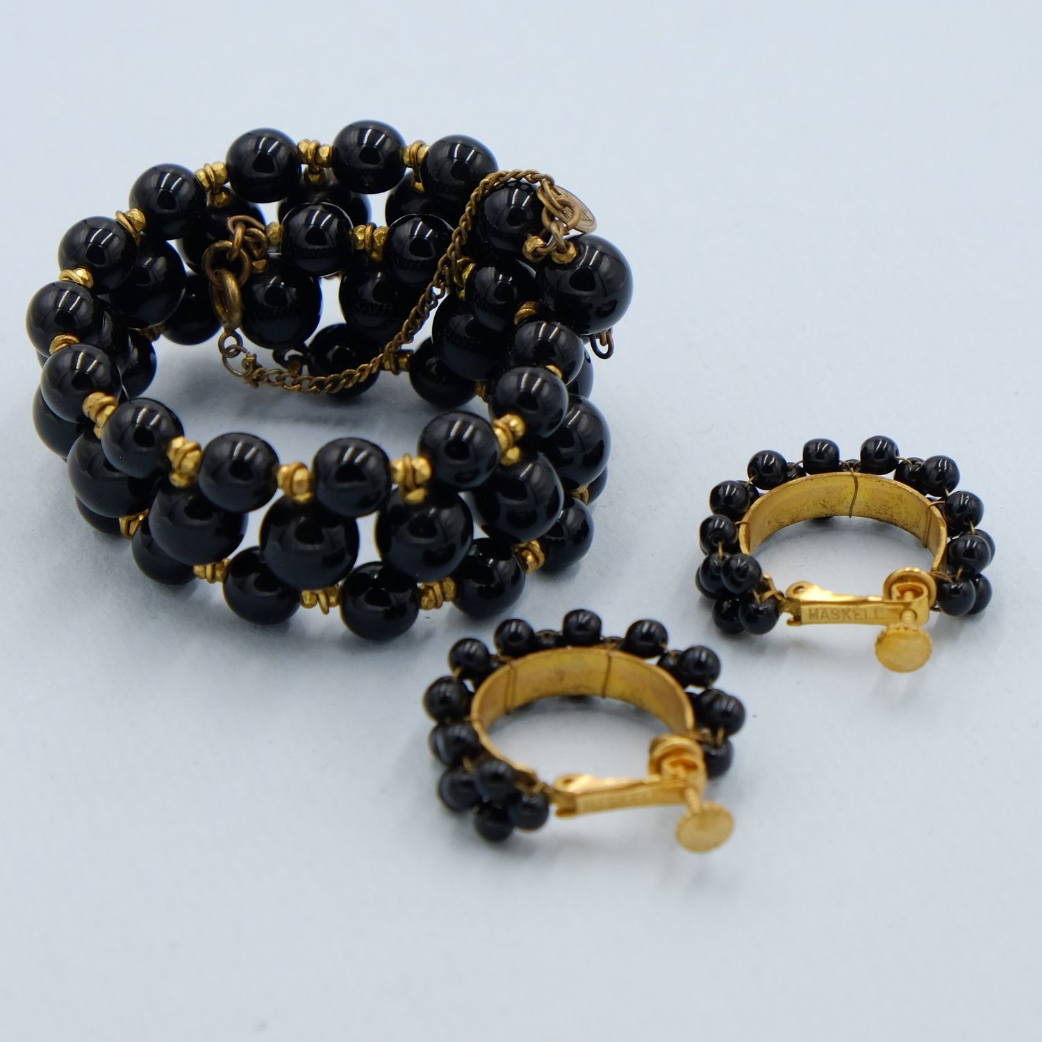 Miriam Haskell Black Glass Bracelet and Hoop Earrings 1960s