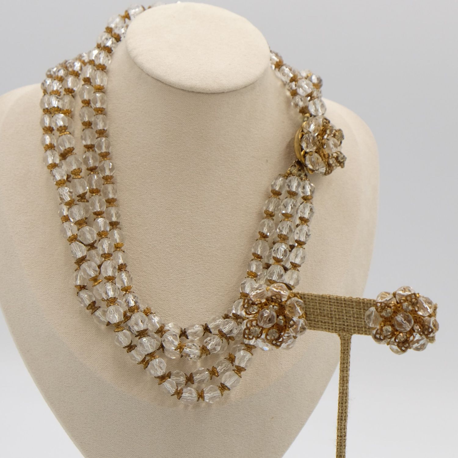 DeMario 5 strand Clear Necklace and Earrings set 1950s