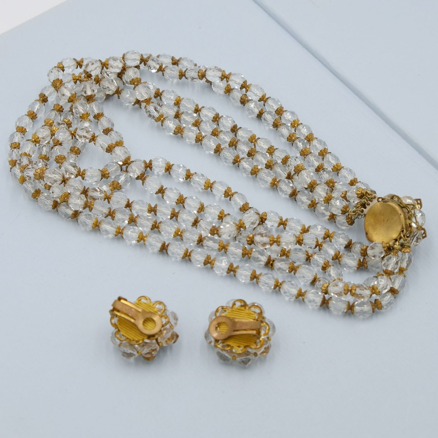 DeMario 5 strand Clear Necklace and Earrings set 1950s