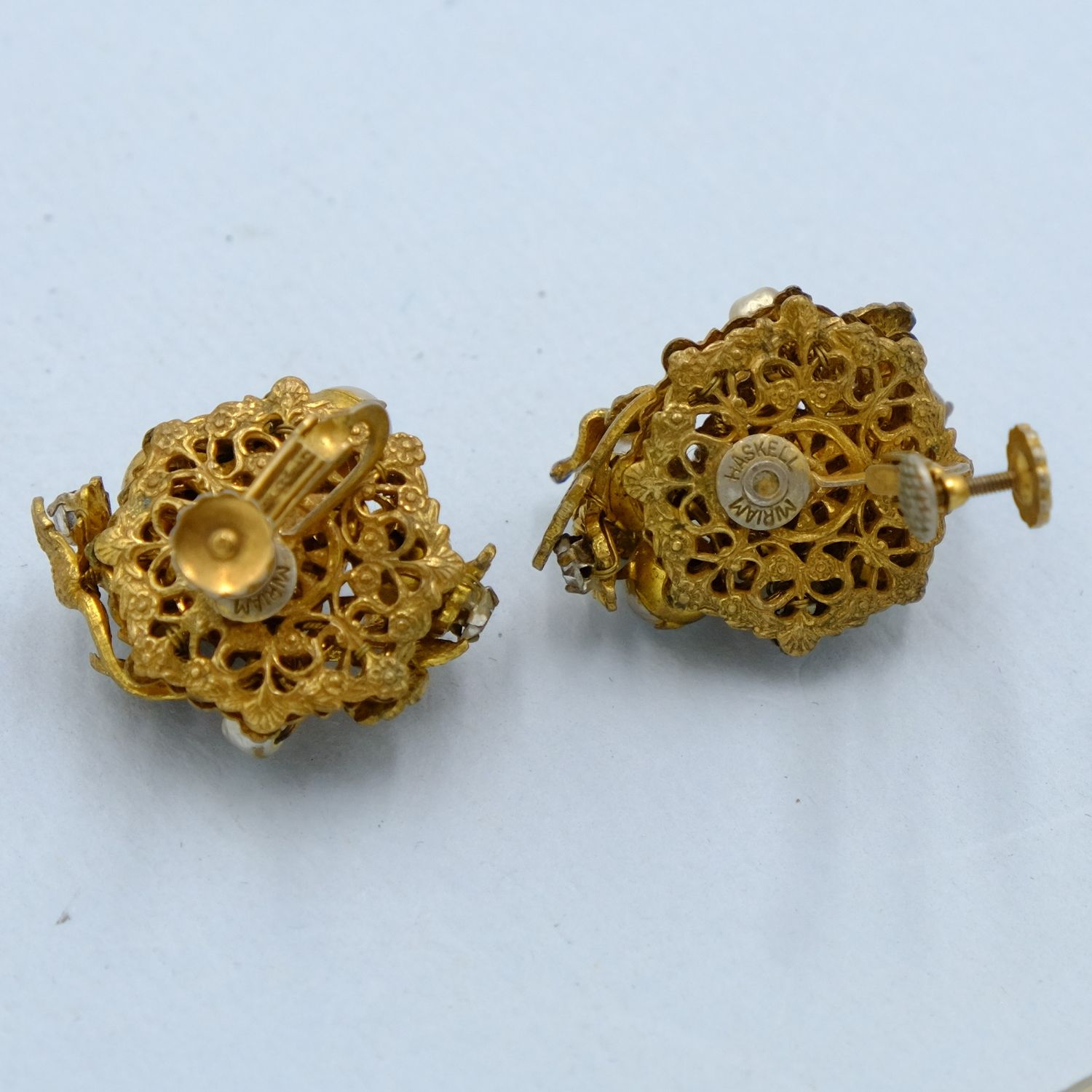 Haskell Gold Leaves Faux Pearl Earrings 1950s